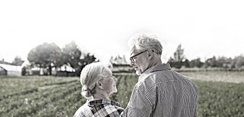 An elderly couple gaze into each others' eyes while standing in front of a field.